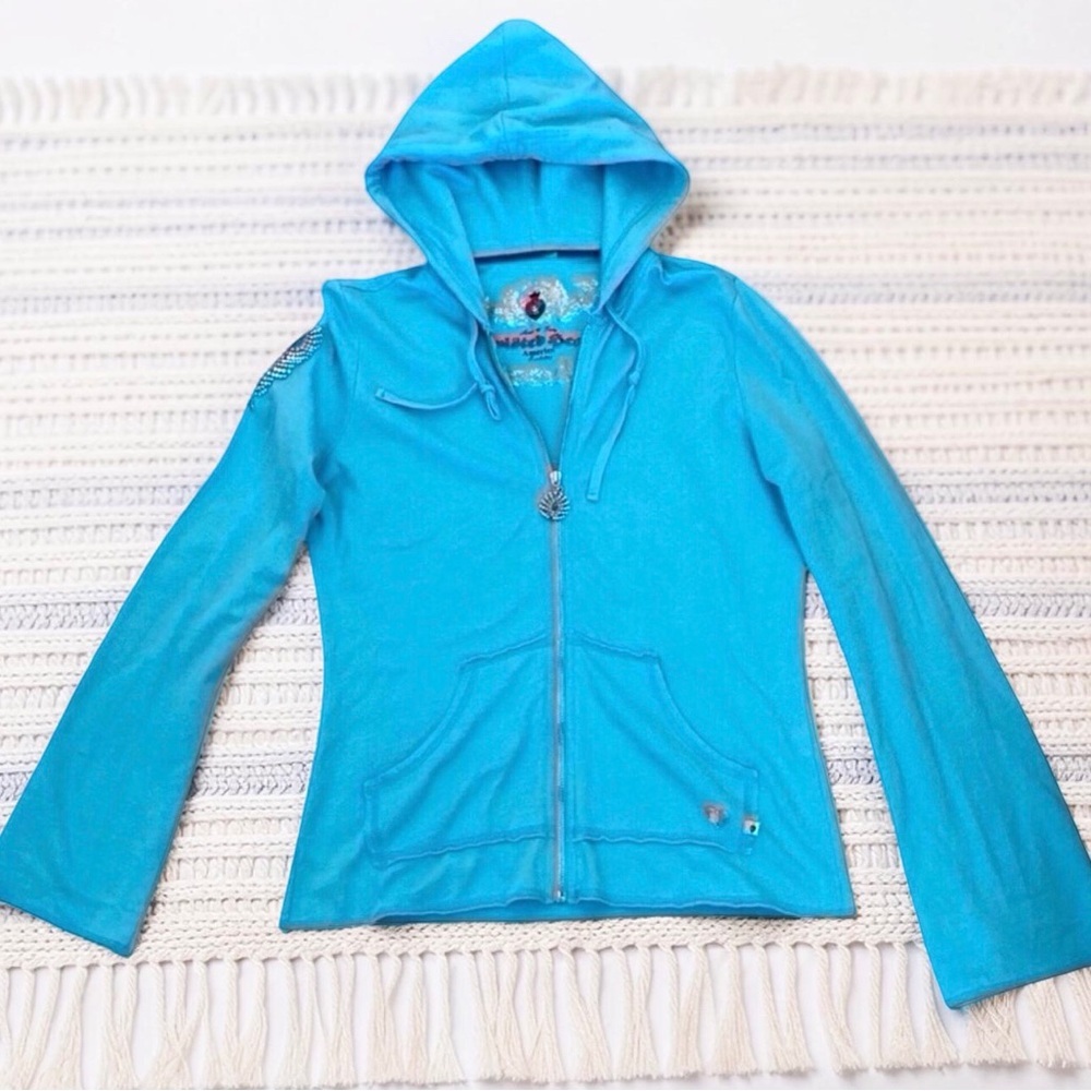 Y2K Turquoise Zip Hoodie Rhinestone Peacock Feather Y2K Twisted Heart America